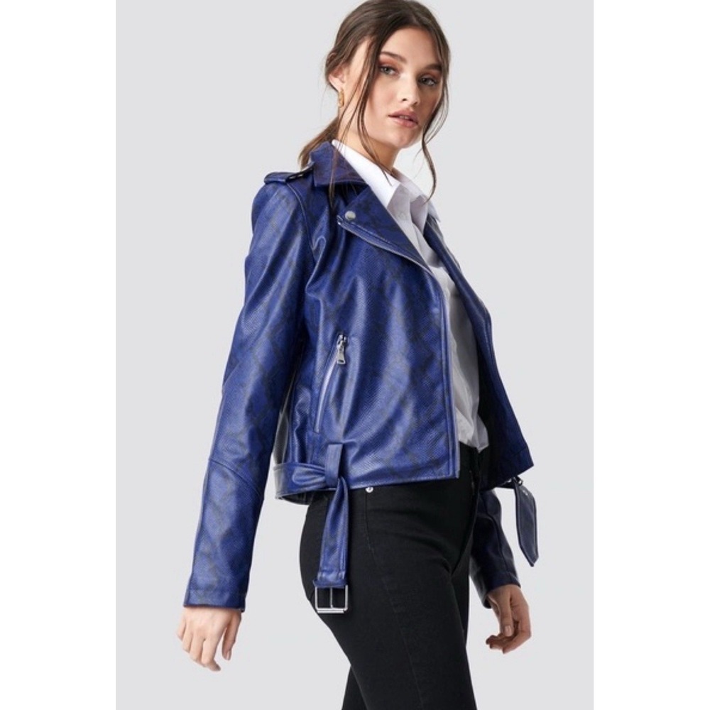 NA-KD Blue & Black Snakeskin Print Faux Leather Belted Biker Jacket Size Medium